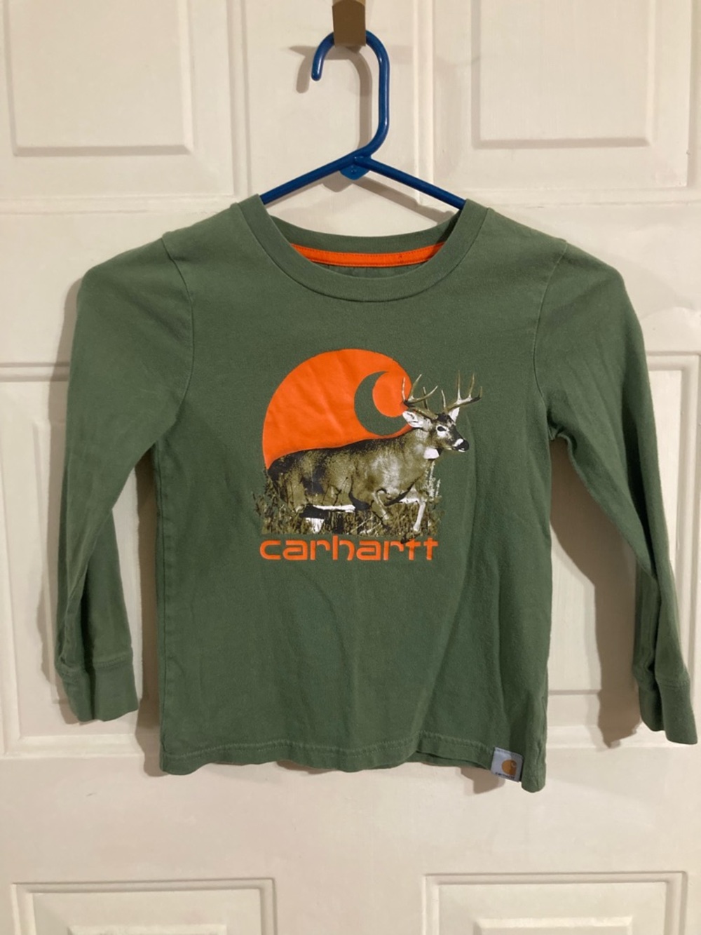 Carhartt Olive Green Long-Sleeve Tee with Orange Deer Graphic